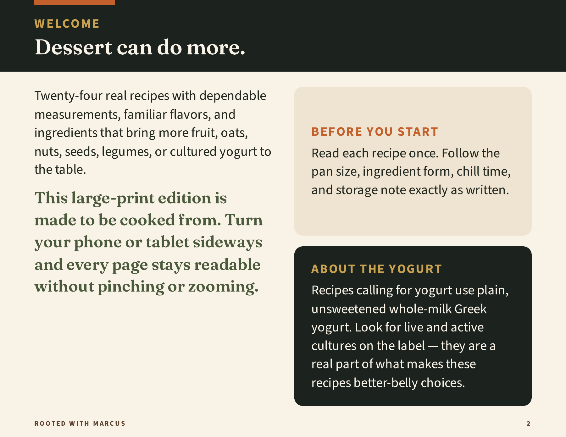 Revised ebook welcome page with sideways reading guidance and cultured-yogurt note