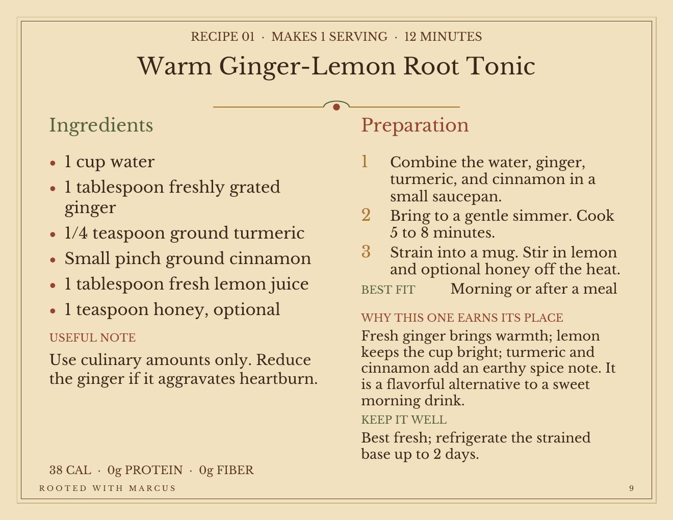 Warm Ginger-Lemon recipe page with exact ingredients and directions