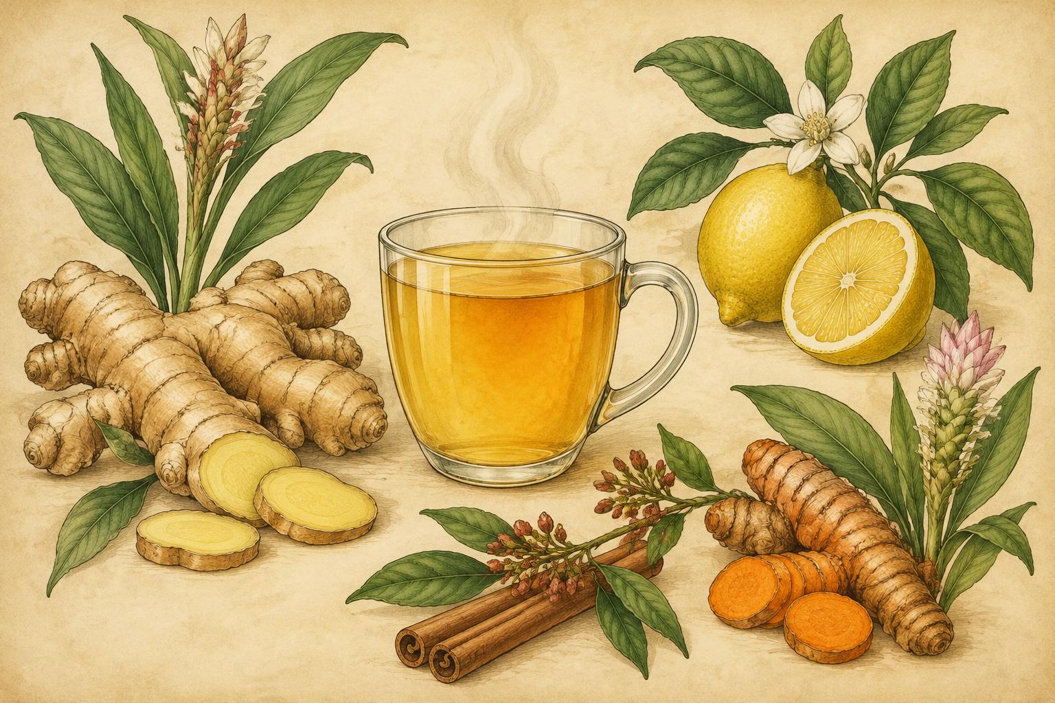Illustrated Warm Ginger-Lemon Root Tonic with ginger, lemon, and honey
